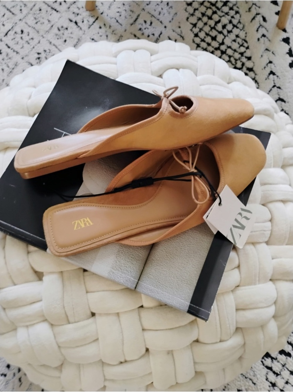 Zara Tan Bow Ballet Slip-On Mules with Tie Detail